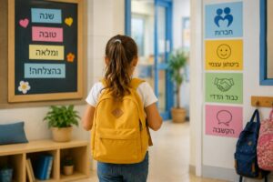קבוצת ילדים משוחחים ומשחקים יחד בהנאה בבית ספר